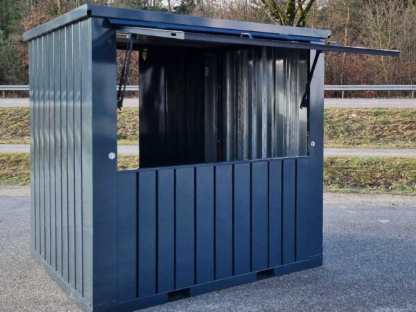 Verkaufscontainer Anthrazitgrau – H 2240 × B 2290 × T 2952 mm, zweiflügelige Tür, verschraubte Stahlkonstruktion mit Verkaufsöffnung